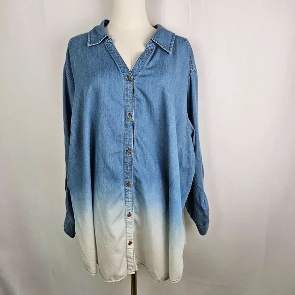 Susan Graver Denim Ombre Gradient Button-Down Shirt 3XP Blue White Long Sleeve - Picture 2 of 12